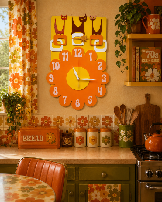 Flower Power Retro Cat Clock. Includes Shipping Within Australia