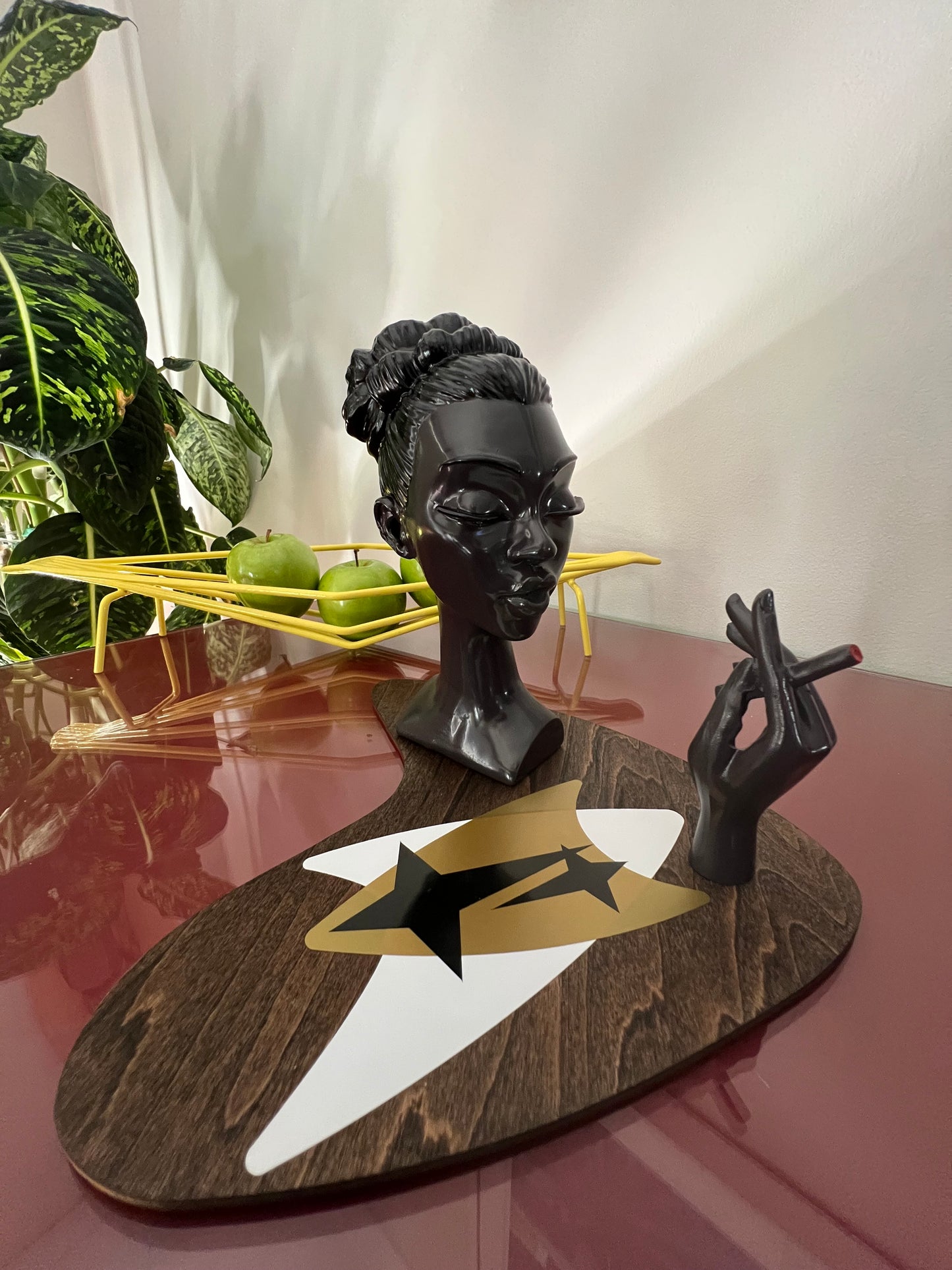 Vintage Style Lady Head Incense Burner, Smoking Woman, on Midcentury Modern Birch Base. FREE SHIPPING.