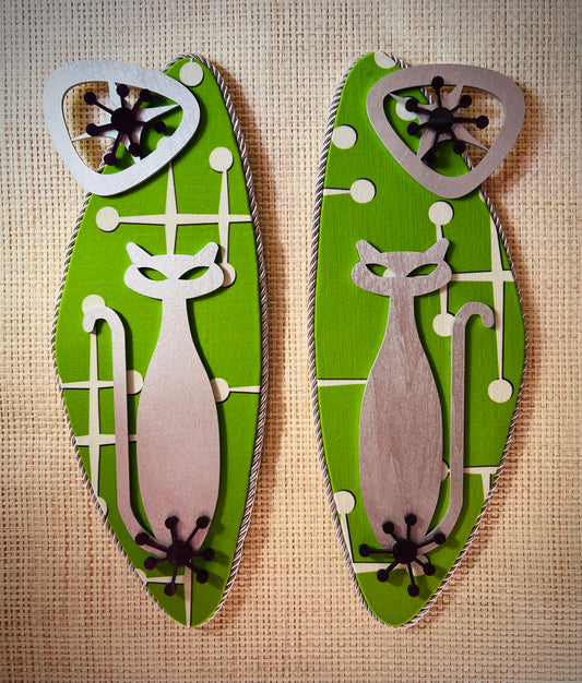 Pair Of Atomic Age Cat Wall Hangings. Meticulously Hand Crafted. FREE post within Australia.