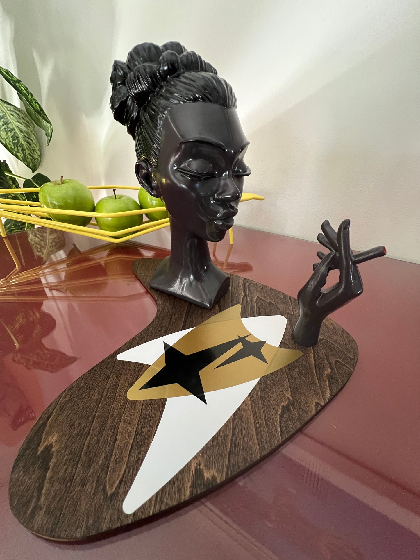 Vintage Style Lady Head Incense Burner, Smoking Woman, on Midcentury Modern Birch Base. FREE SHIPPING.