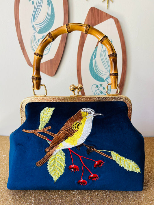 Pinup Girl | Tiki Bar Velvet, Embroidered Hand Bag With Bamboo Handle.