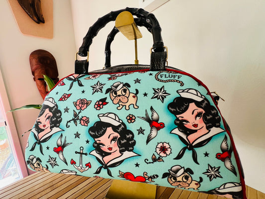 Vintage Inspiration Retro Sailor Girl Bowling Style Handbag (Licensed Linen Canvas Miss. Fluff) Includes Shipping Within Australia