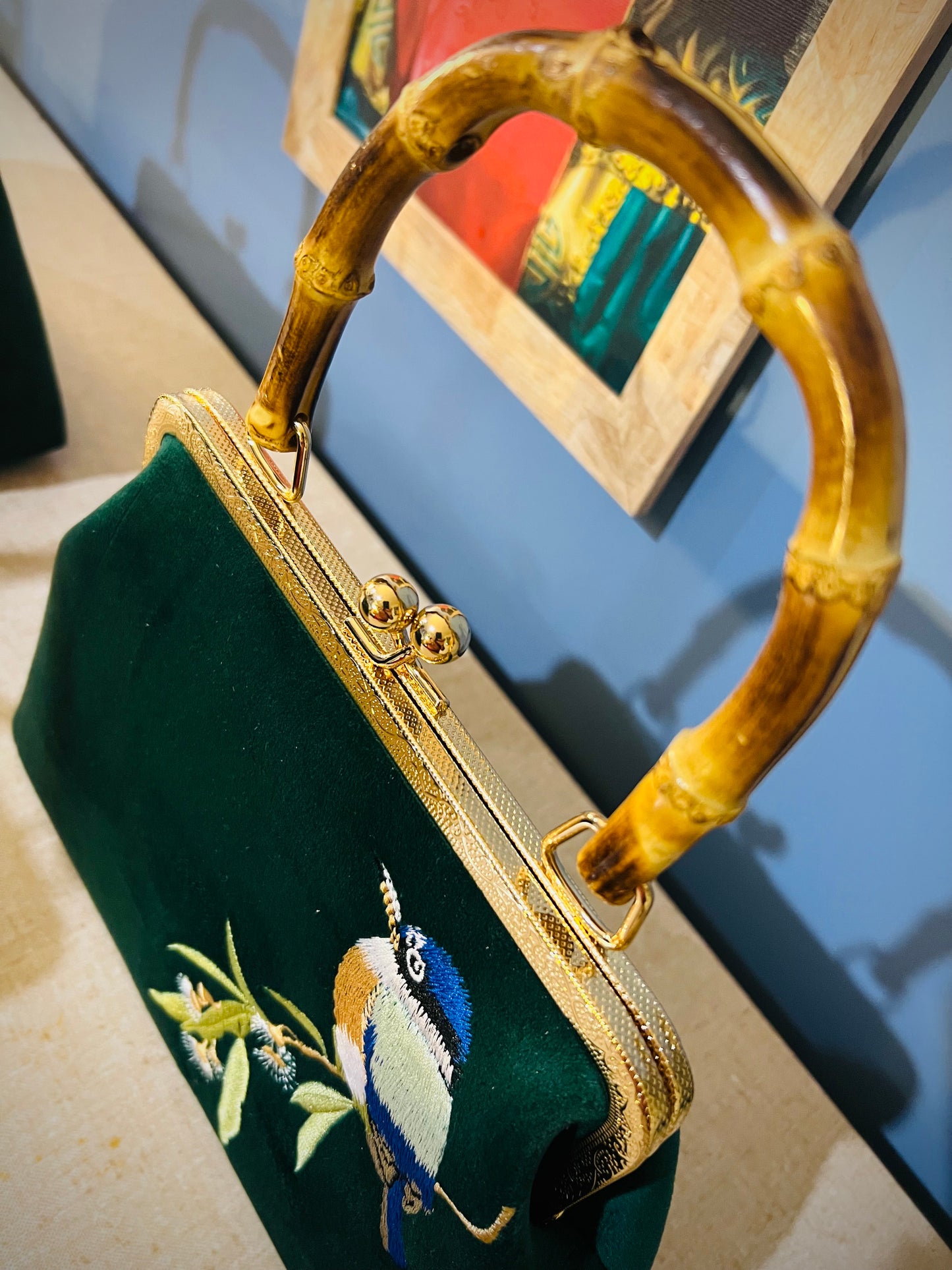 Pinup Girl | Tiki Bar Velvet, Embroidered Hand Bag With Bamboo Handle.