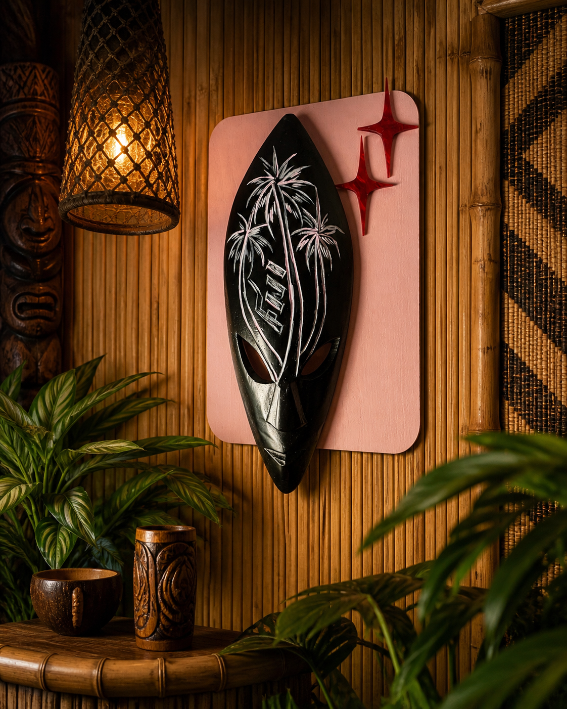 Pink Fiji Polynesian Pop Tiki Bar Carving with an Atomic Age Twist. Includes Shipping Within Australia.