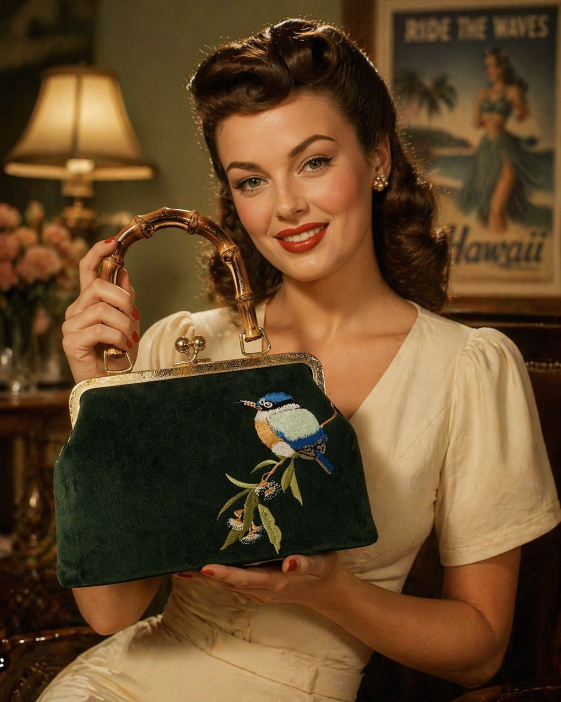 Pinup Girl | Tiki Bar Velvet, Embroidered Hand Bag With Bamboo Handle.