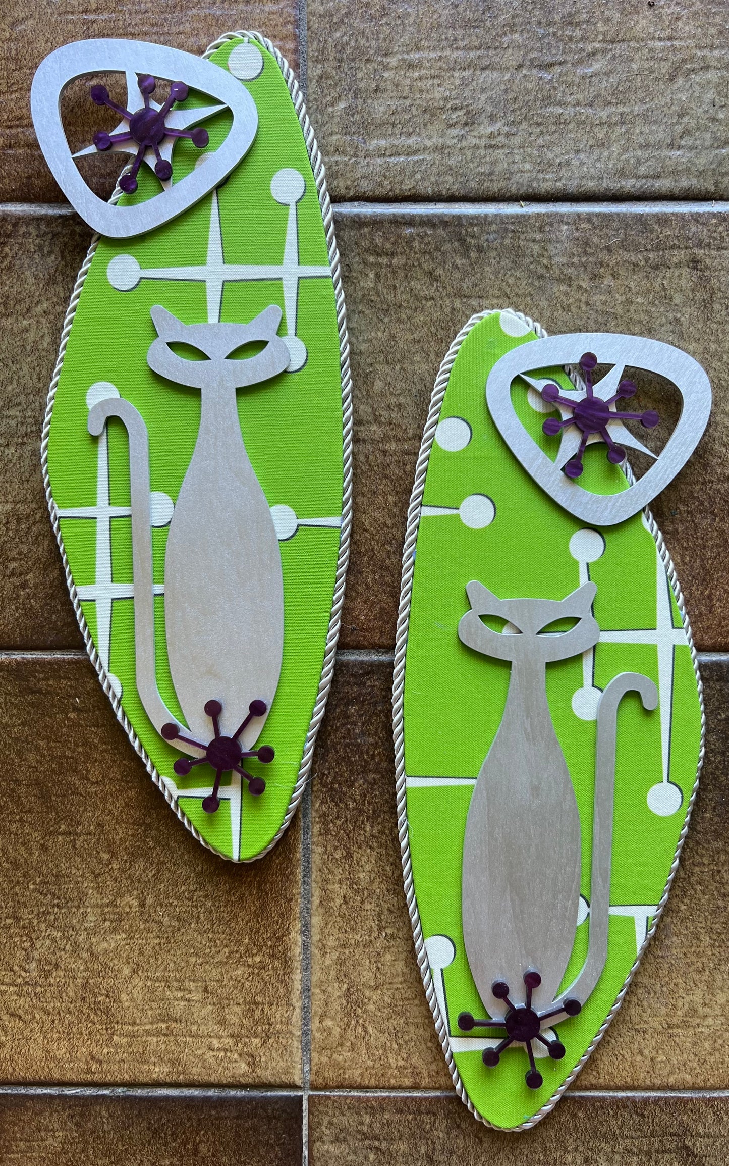 Pair Of Atomic Age Cat Wall Hangings. Meticulously Hand Crafted. FREE post within Australia.