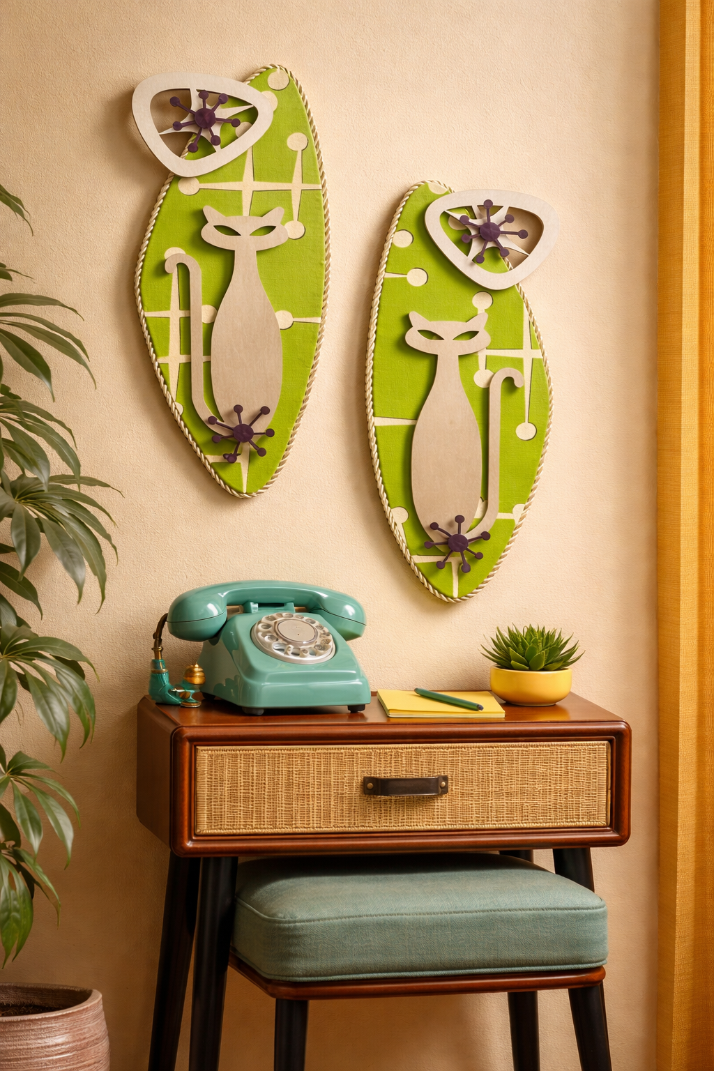 Pair Of Atomic Age Cat Wall Hangings. Meticulously Hand Crafted. FREE post within Australia.