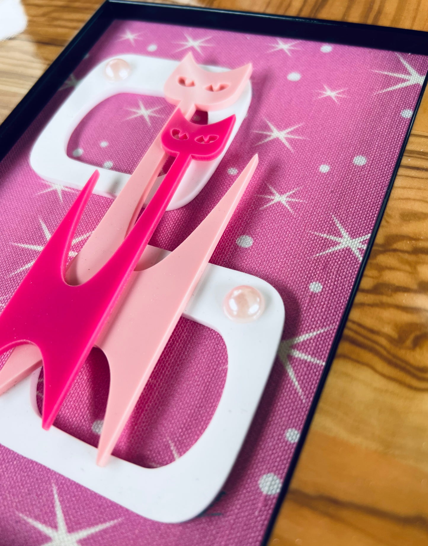 Pink Atomic Kitty Wall Art in Wood Grained Frame - FREE Shipping Australia