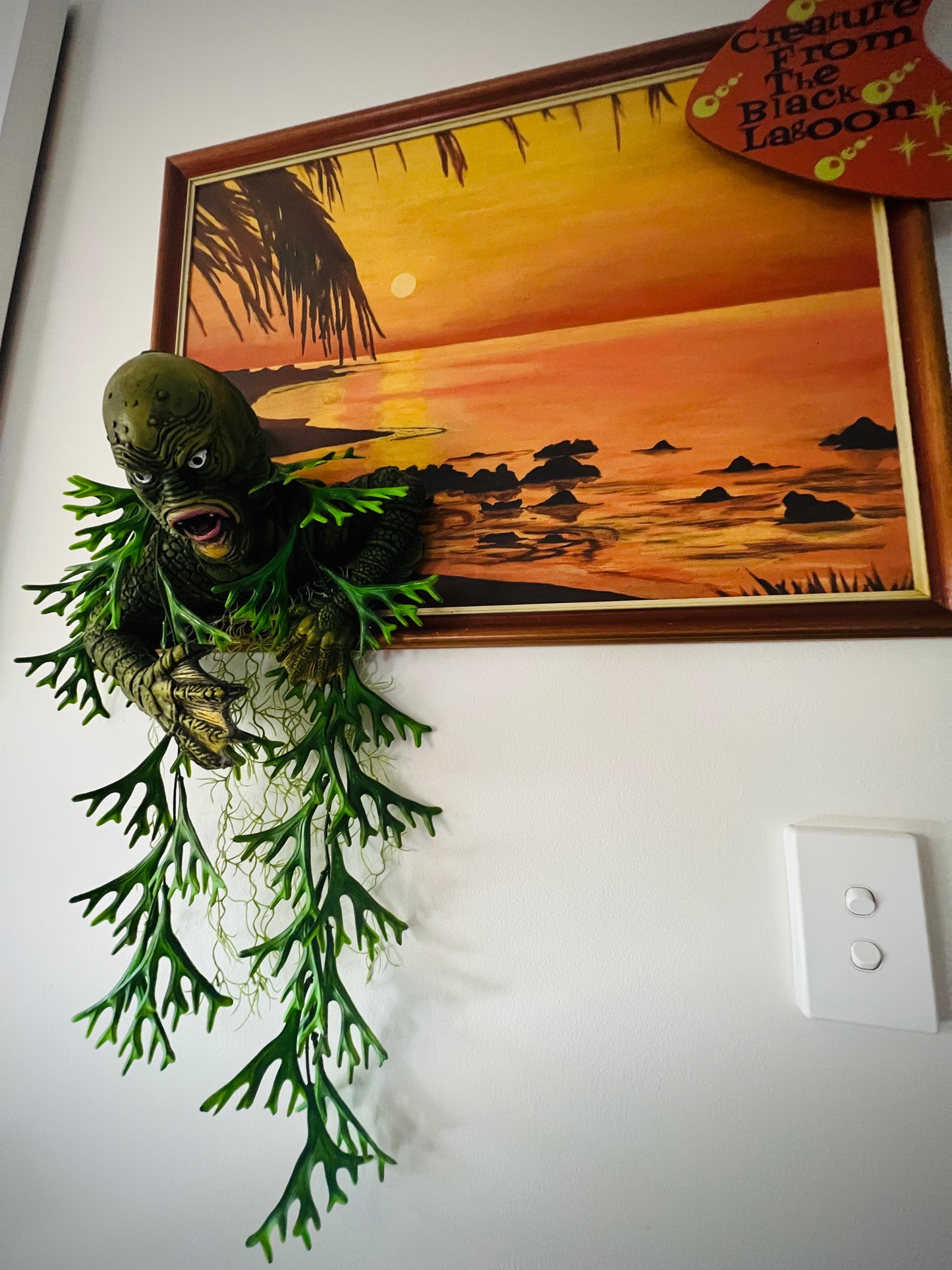 Creature Emerging From Large Vintage Sunset Oil Painting. FREE SHIPPING WITHIN AUSTRALIA.