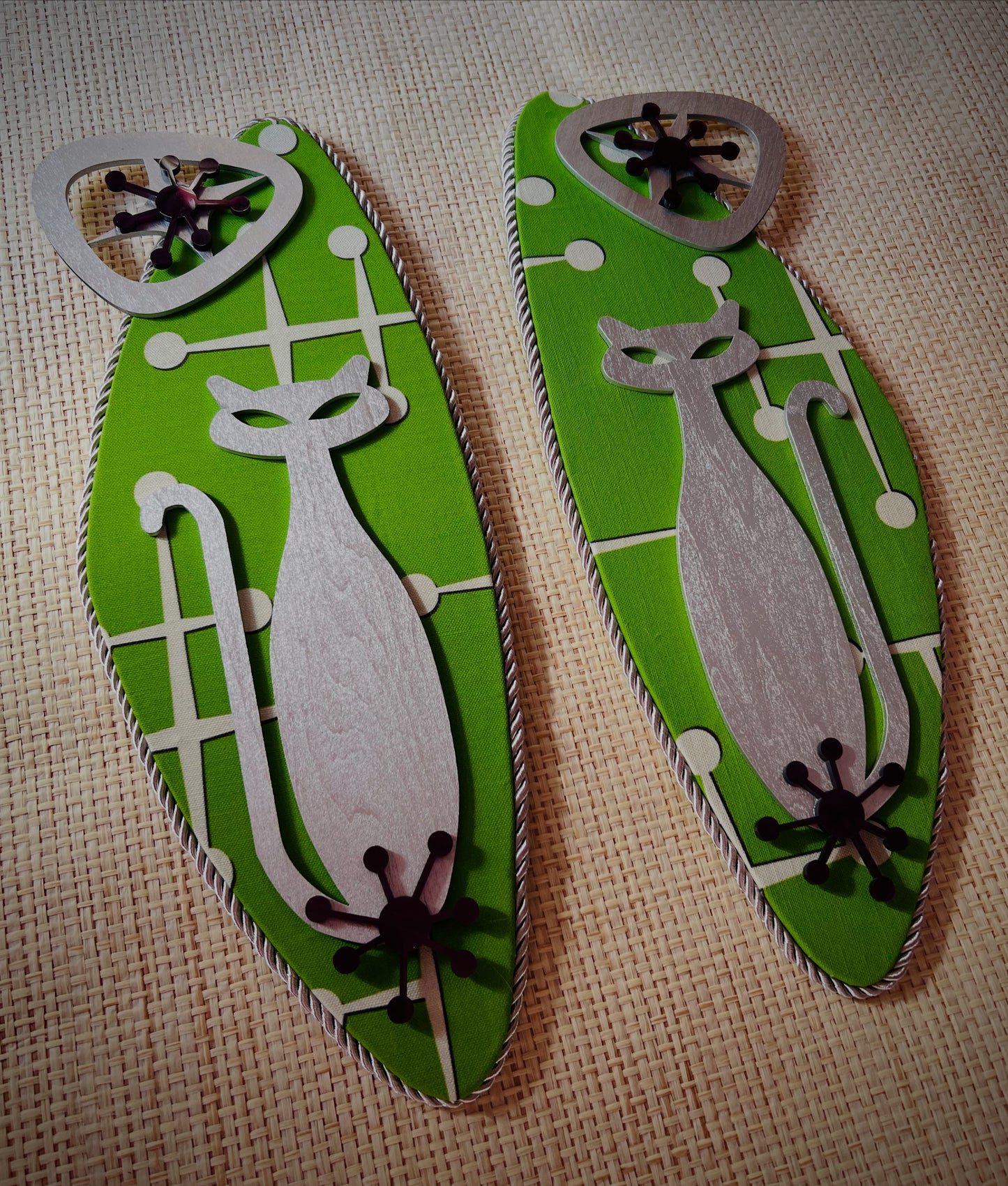 Pair Of Atomic Age Cat Wall Hangings. Meticulously Hand Crafted. FREE post within Australia.
