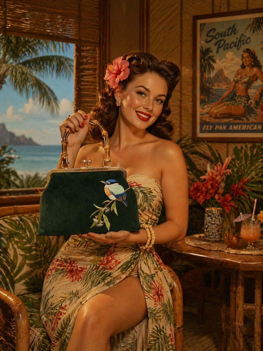 Pinup Girl | Tiki Bar Velvet, Embroidered Hand Bag With Bamboo Handle.