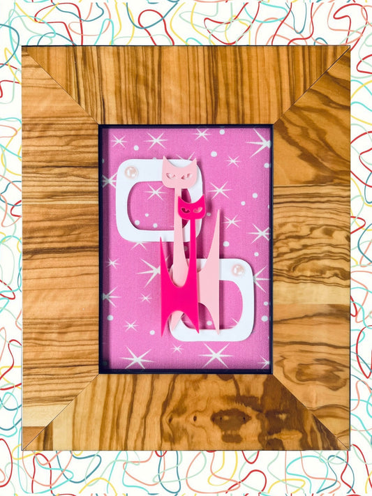 Pink Atomic Kitty Wall Art in Wood Grained Frame - FREE Shipping Australia