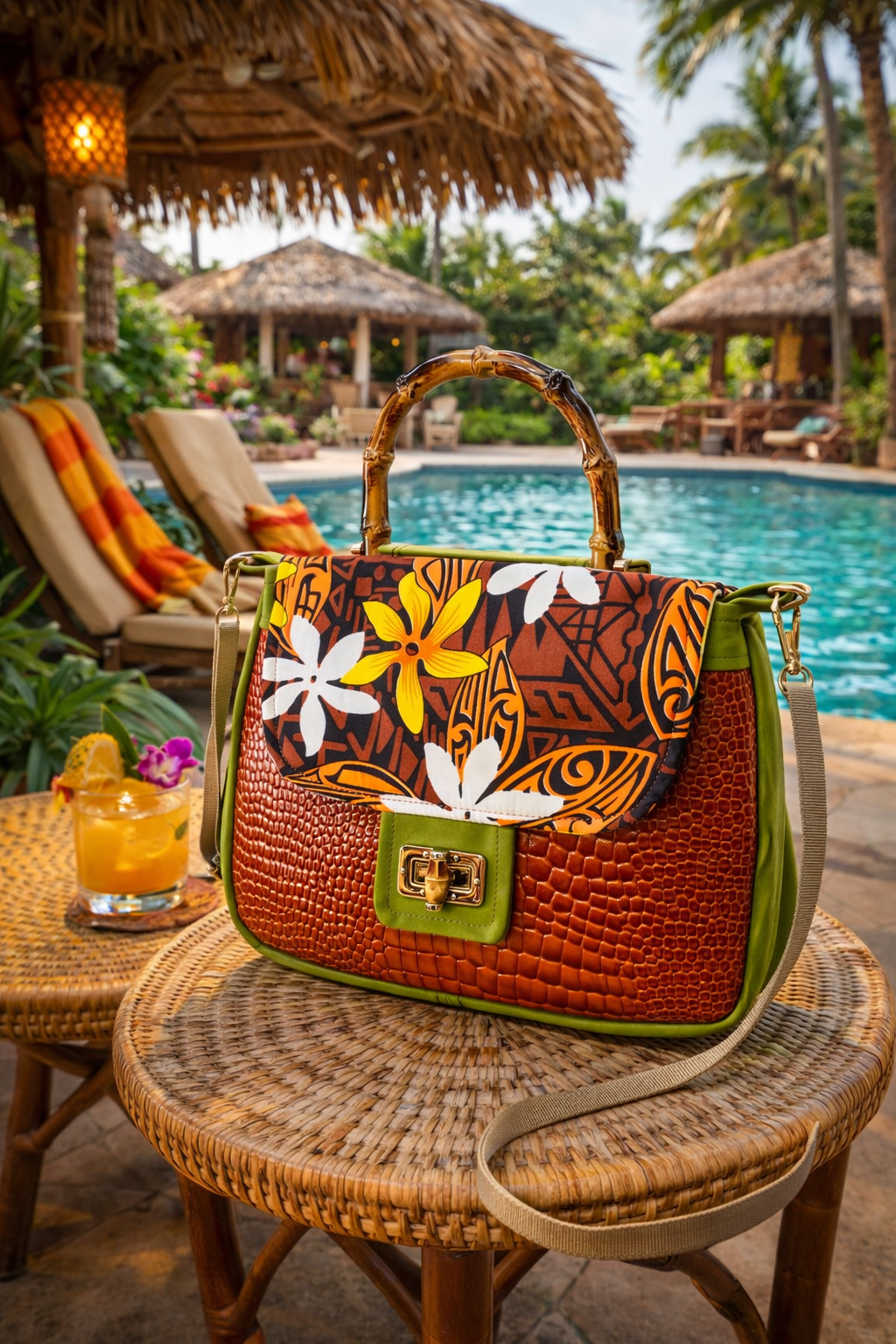 Tiki Pinup Girl Handbag With Shoulder Strap. Meticulously Hand Cut & Sewn On The Sunshine Coast. Free Shipping Within Australia.