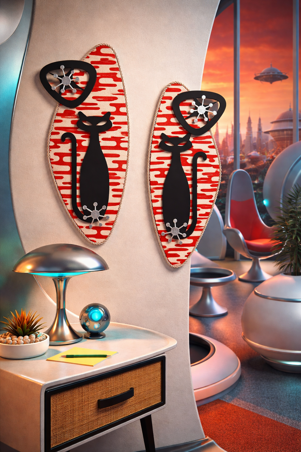Pair Of Atomic Age Cat Wall Hangings. Meticulously Hand Crafted. FREE post within Australia.