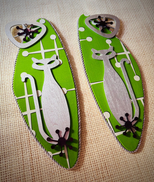 Pair Of Atomic Age Cat Wall Hangings. Meticulously Hand Crafted. FREE post within Australia.