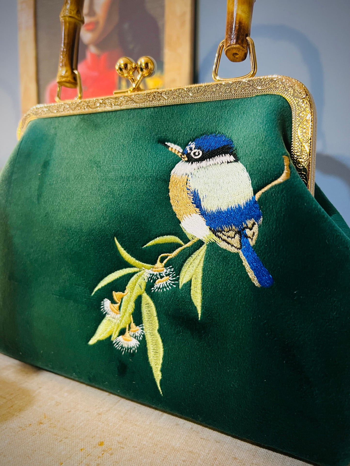 Pinup Girl | Tiki Bar Velvet, Embroidered Hand Bag With Bamboo Handle.