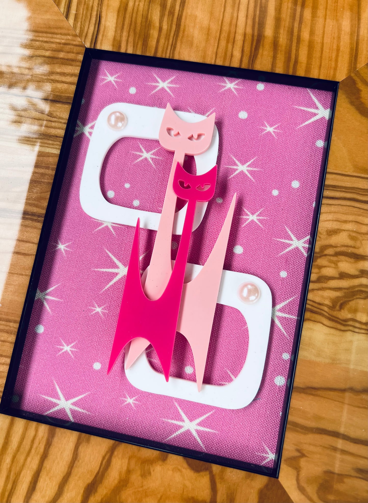 Pink Atomic Kitty Wall Art in Wood Grained Frame - FREE Shipping Australia