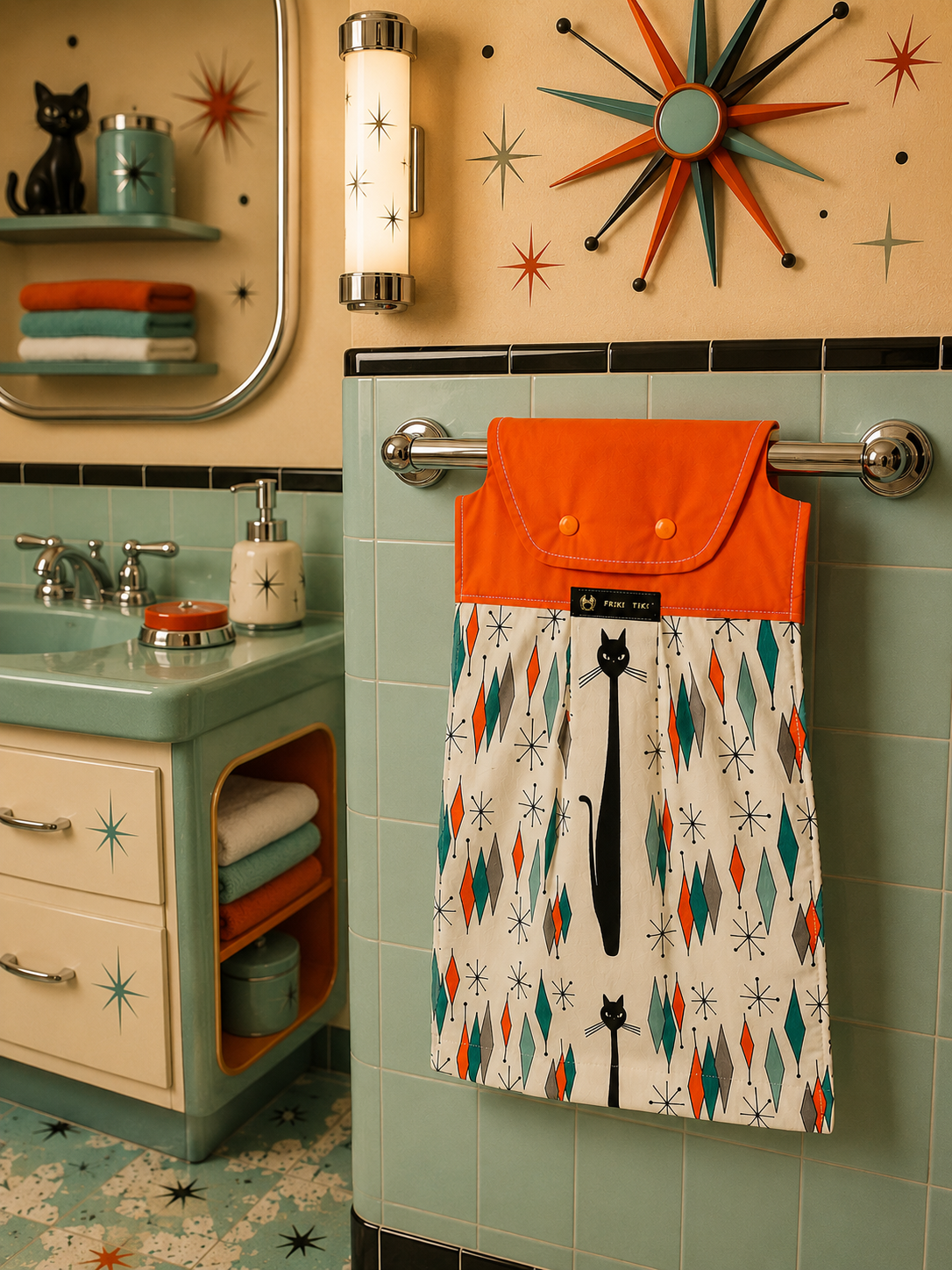 Retro Coast Atomic Age Hand Towel With Black Cat. Free Shipping Within Australia.