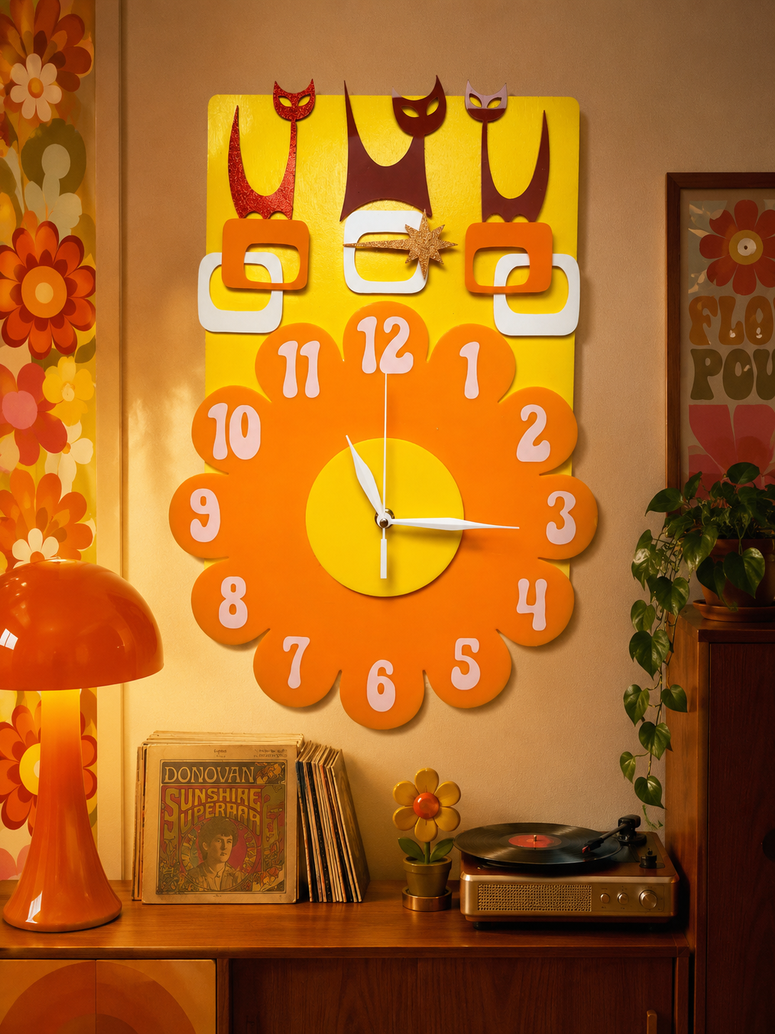 Flower Power Retro Cat Clock. Includes Shipping Within Australia