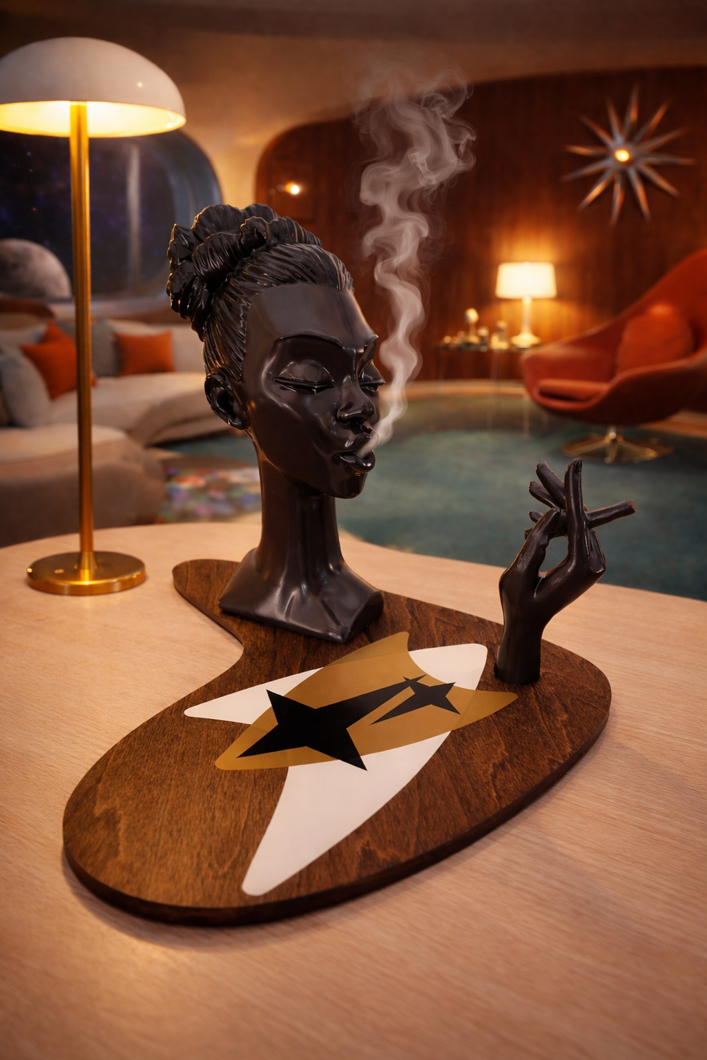 Vintage Style Lady Head Incense Burner, Smoking Woman, on Midcentury Modern Birch Base. FREE SHIPPING.