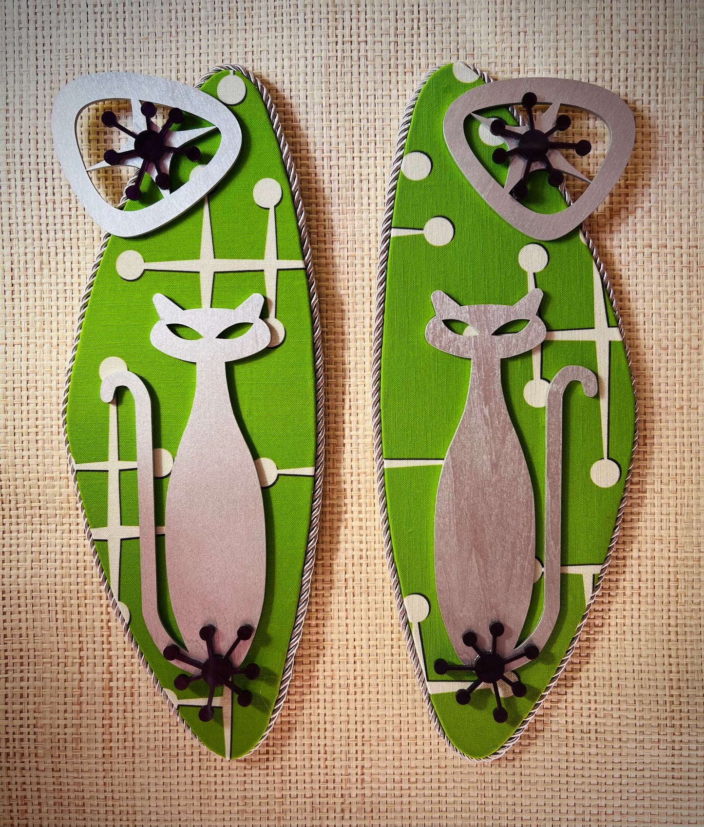 Pair Of Atomic Age Cat Wall Hangings. Meticulously Hand Crafted. FREE post within Australia.