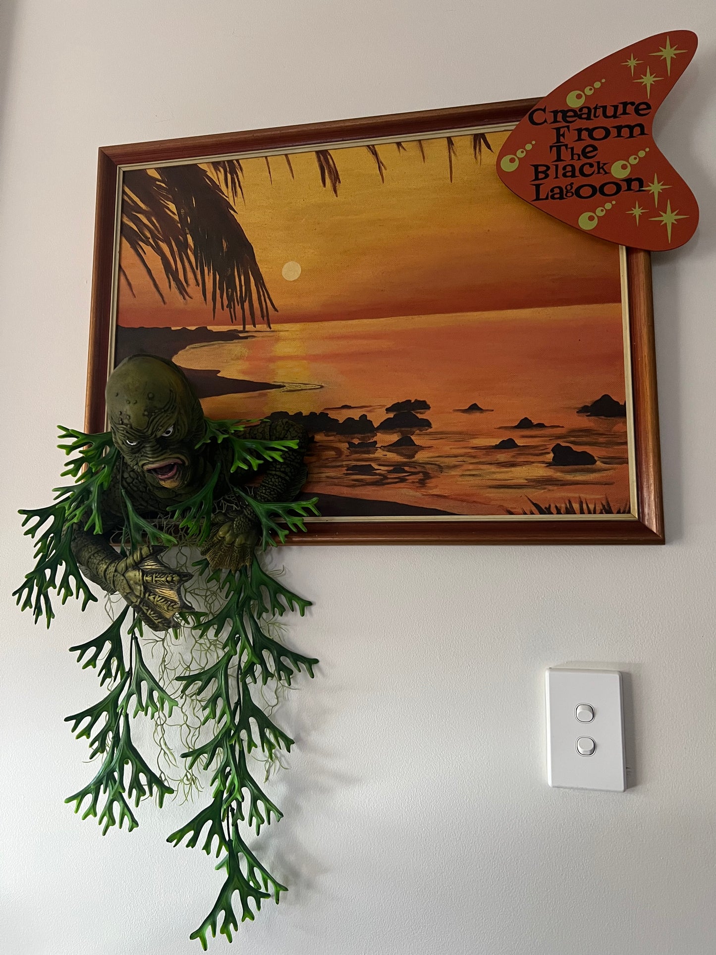 Creature Emerging From Large Vintage Sunset Oil Painting. FREE SHIPPING WITHIN AUSTRALIA.