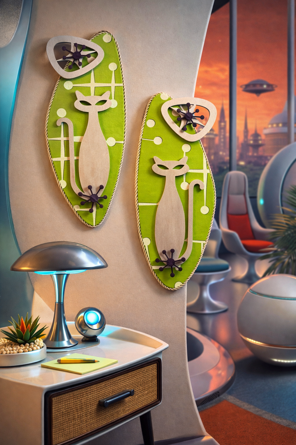 Pair Of Atomic Age Cat Wall Hangings. Meticulously Hand Crafted. FREE post within Australia.