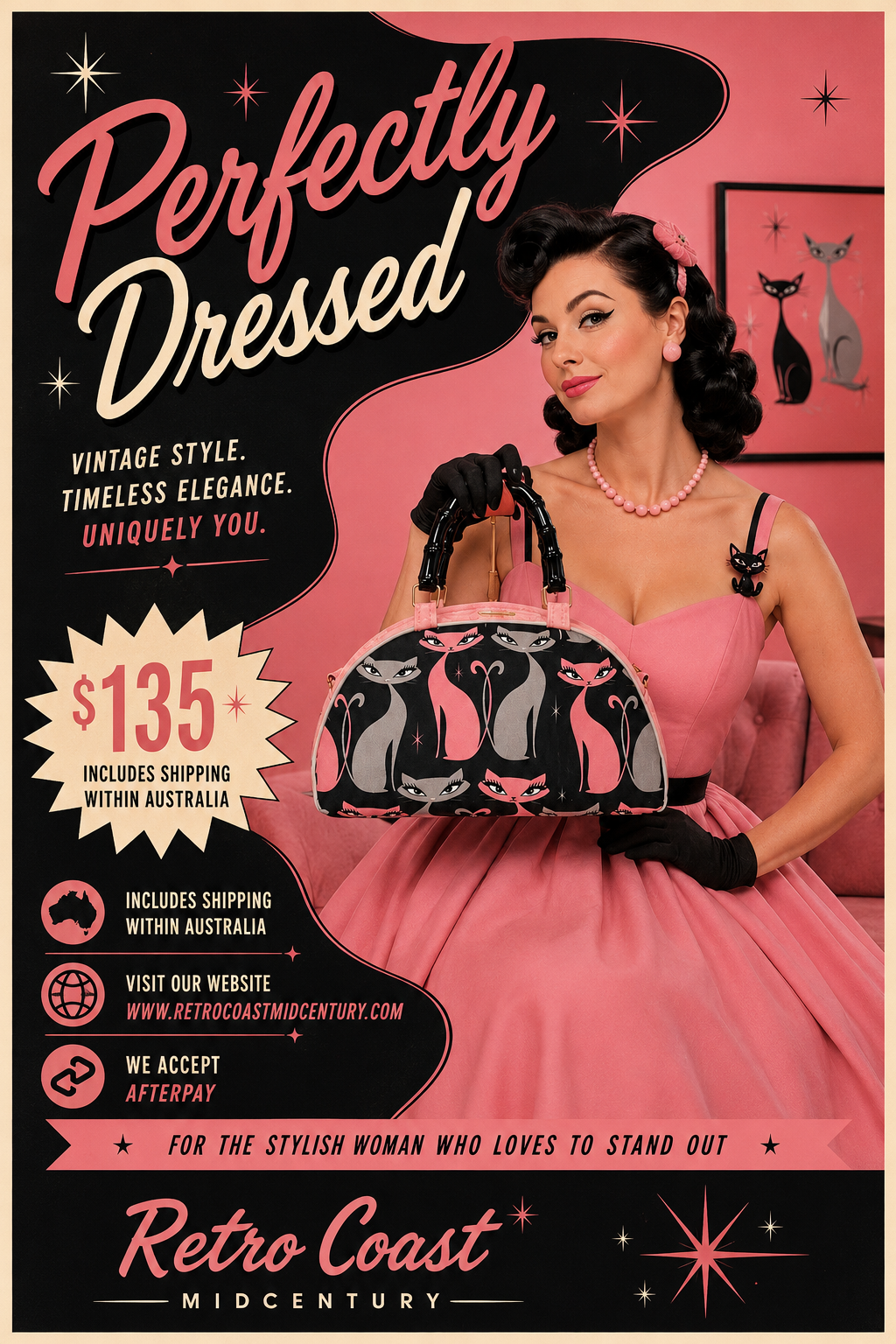 Retro Fifties Pinup Siamese Cat Bowling Style Handbag (Licensed Linen Canvas by Palm Springs Designer Miss. Fluff) Includes Shipping Within Australia