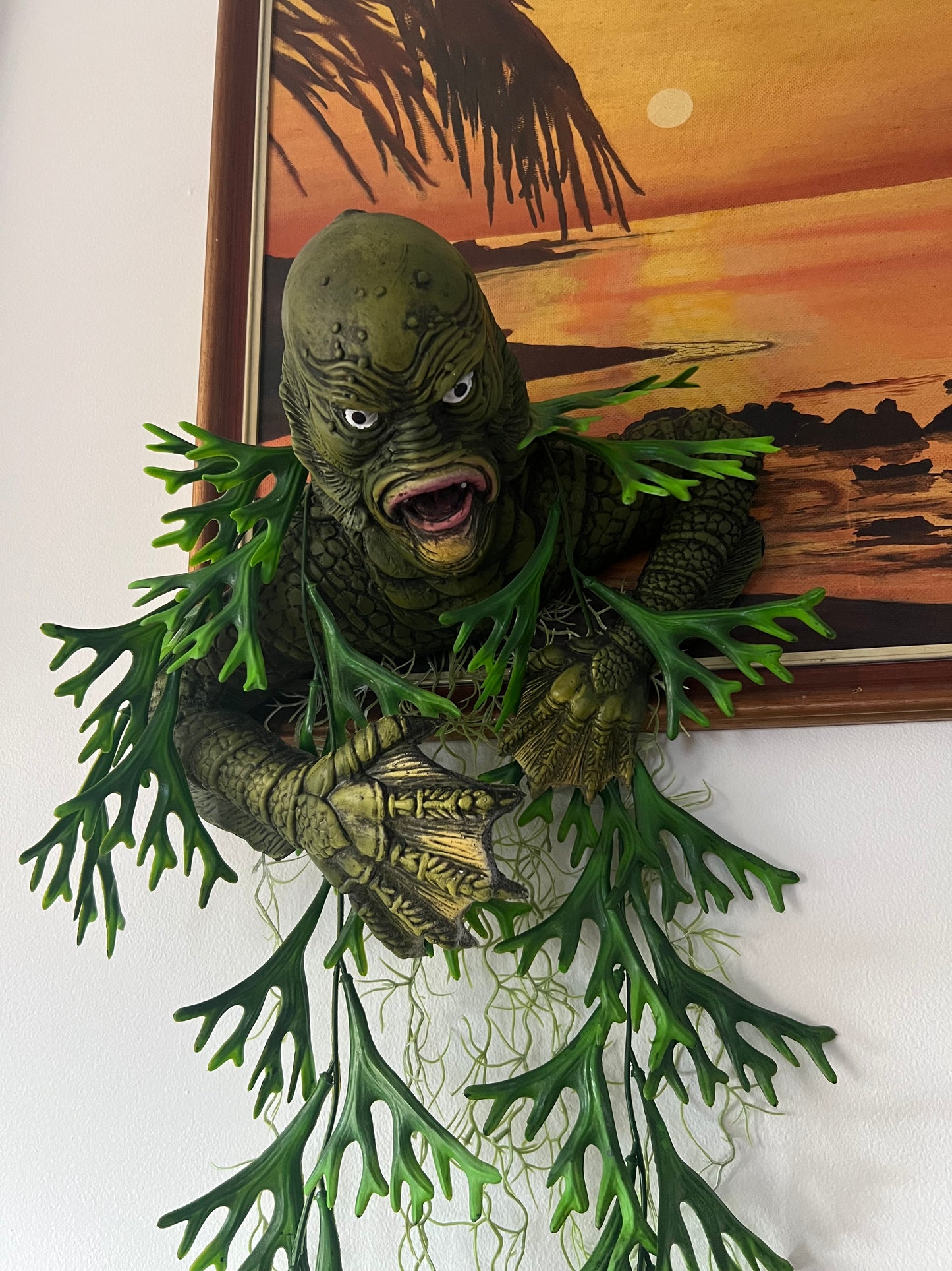 Creature Emerging From Large Vintage Sunset Oil Painting. FREE SHIPPING WITHIN AUSTRALIA.