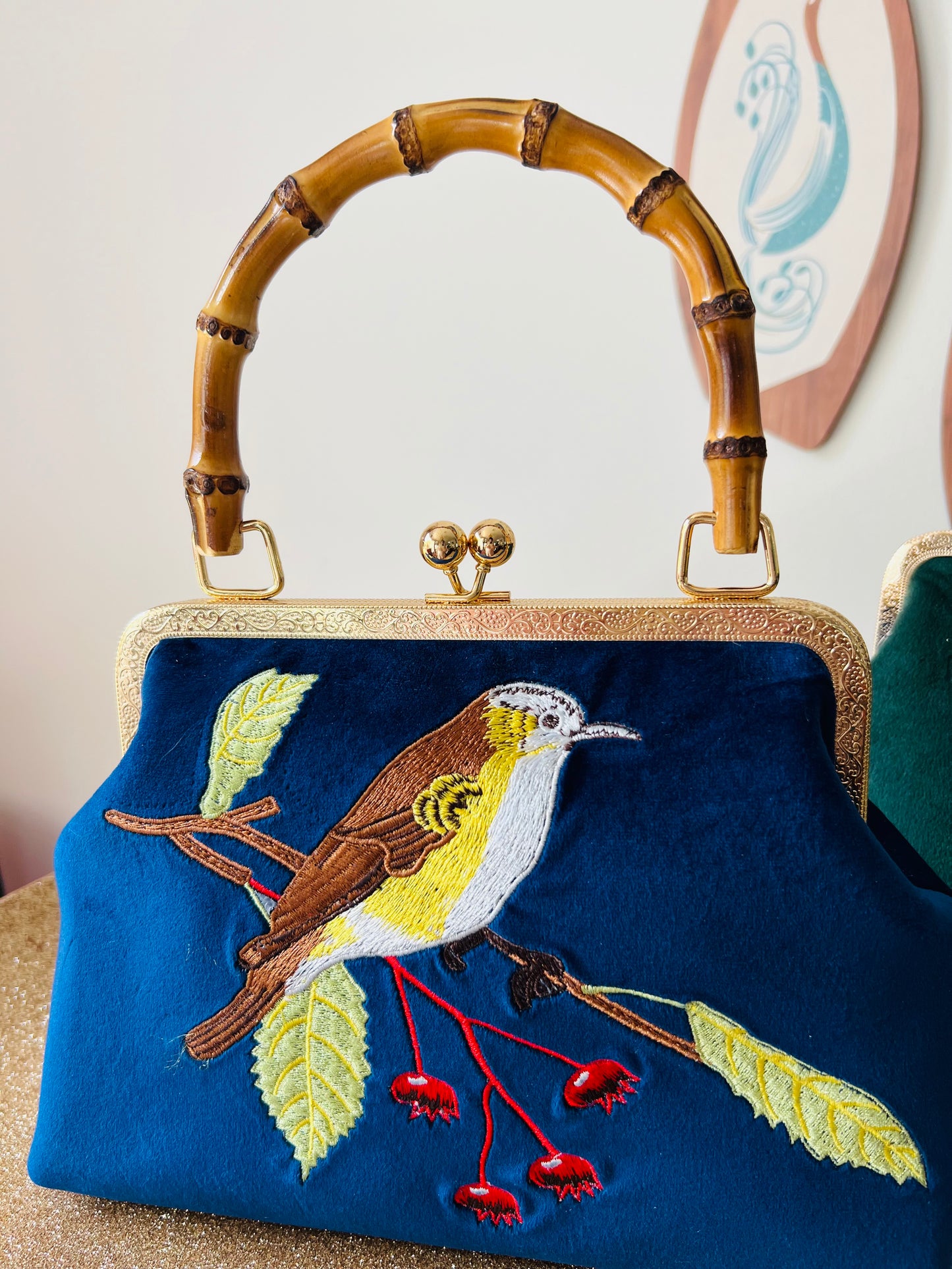 Tiki Inspired Velvet, Embroidered Bird Hand Bag With Bamboo Handle. Includes Shipping Within Australia.