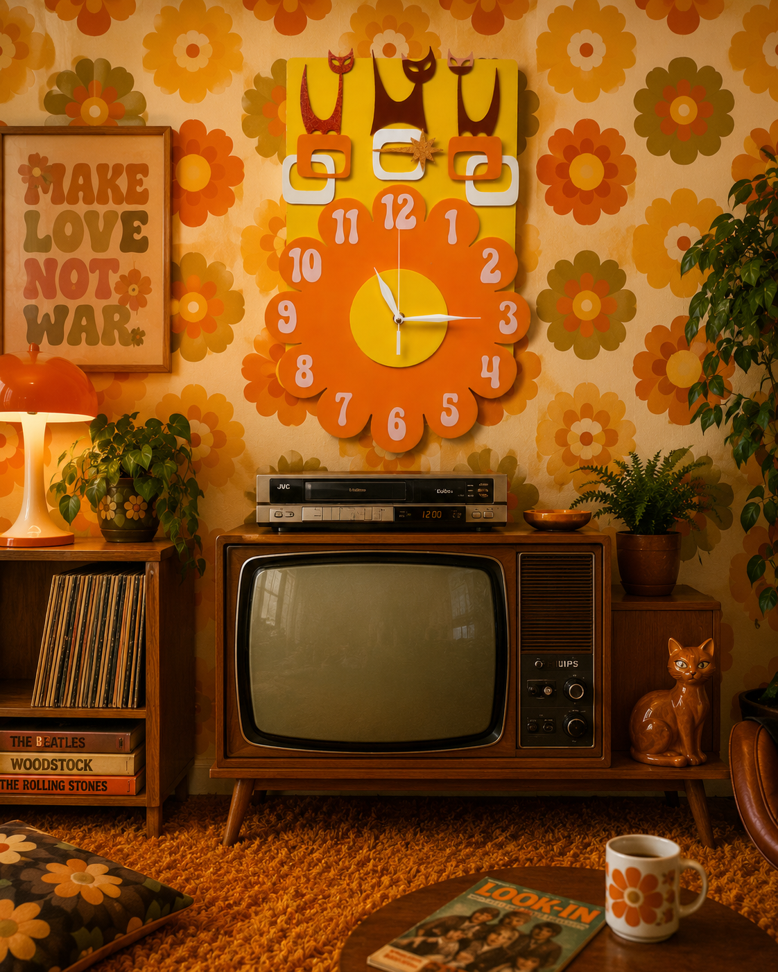 Flower Power Retro Cat Clock. Includes Shipping Within Australia