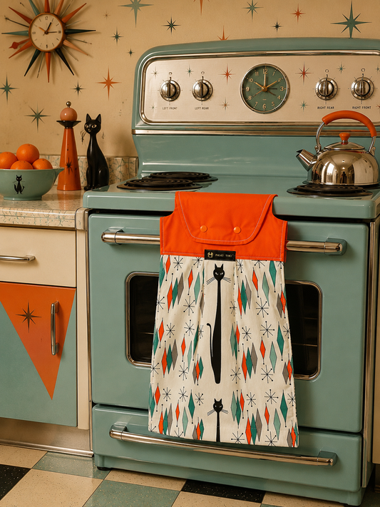 Retro Coast Atomic Age Hand Towel With Black Cat. Free Shipping Within Australia.