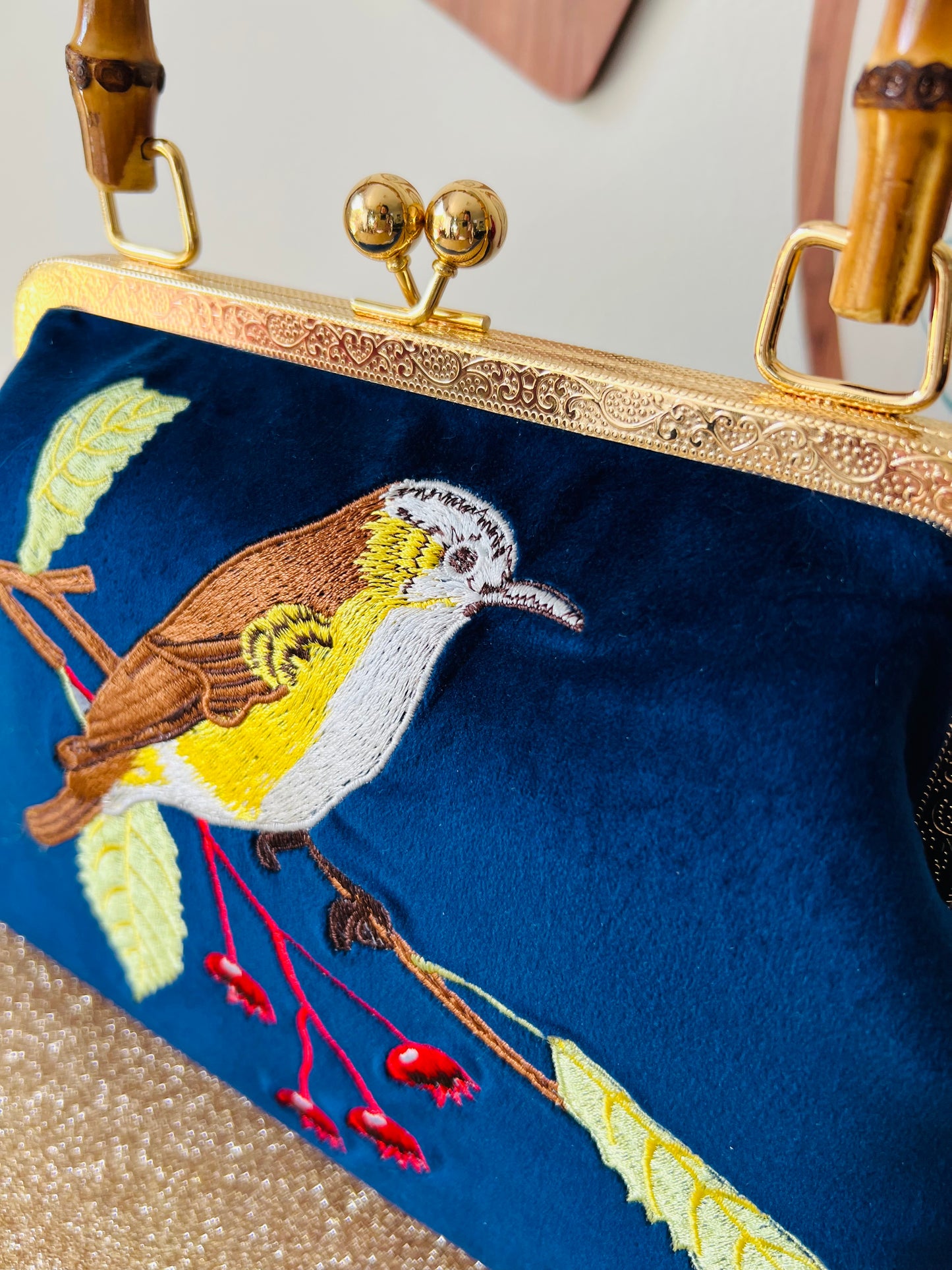 Tiki Inspired Velvet, Embroidered Bird Hand Bag With Bamboo Handle. Includes Shipping Within Australia.