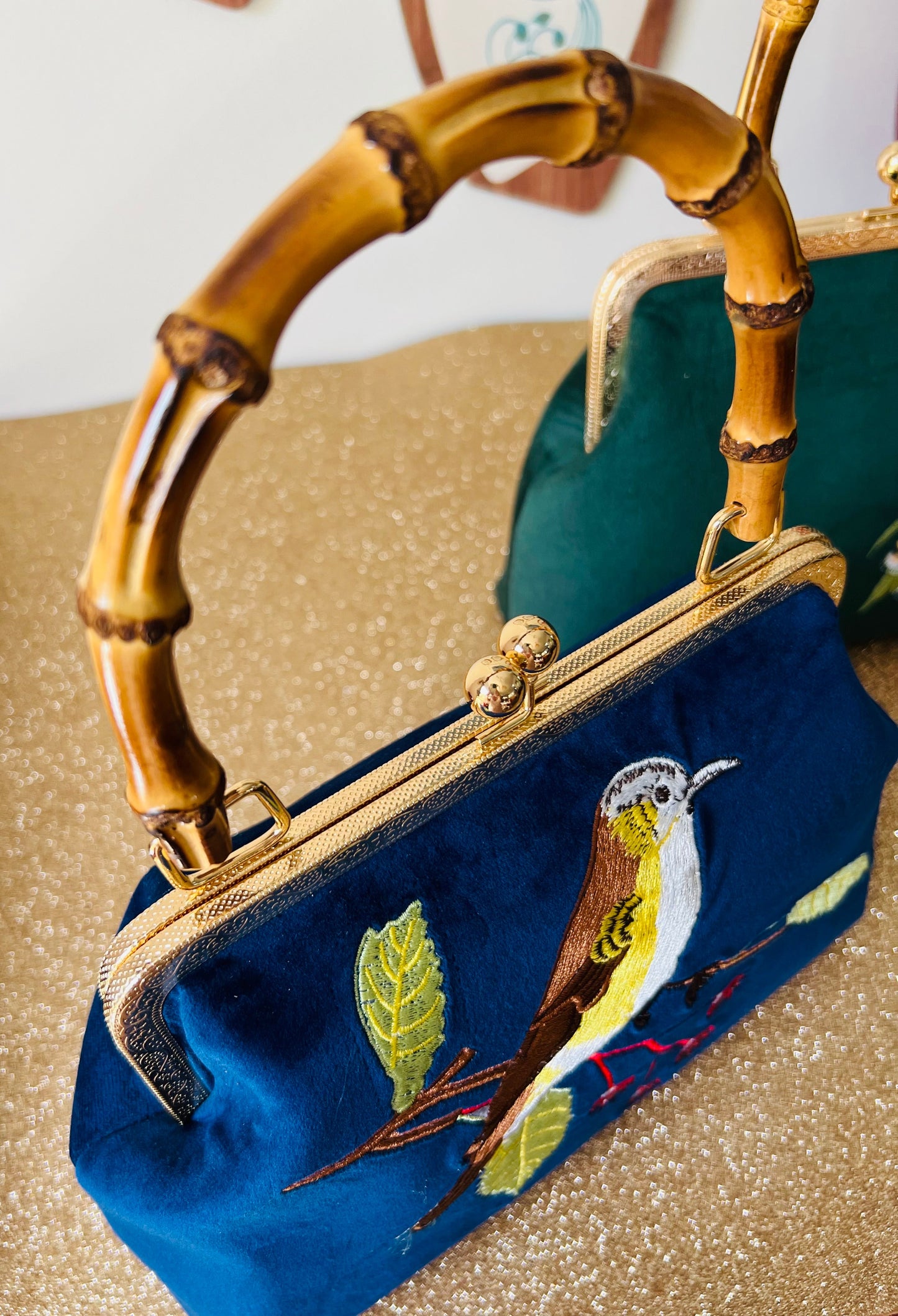 Pinup Girl | Tiki Bar Velvet, Embroidered Hand Bag With Bamboo Handle.