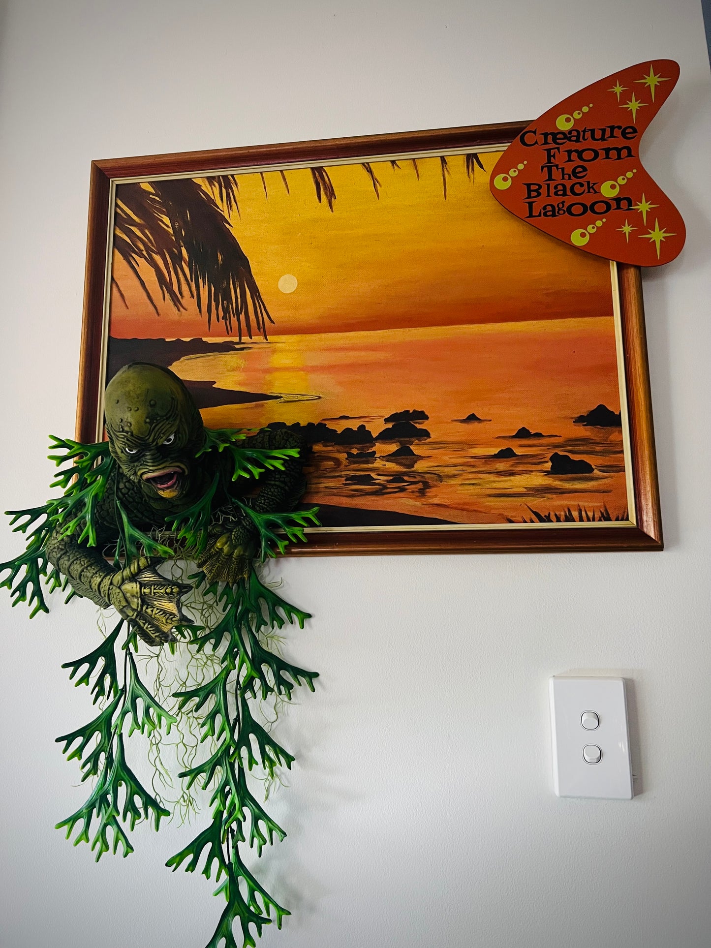 Creature Emerging From Large Vintage Sunset Oil Painting. FREE SHIPPING WITHIN AUSTRALIA.