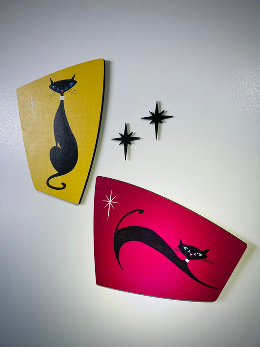 Pair Of Sleek Black Cats With Starbursts. FREE SHIPPING WITHIN AUSTRALIA.