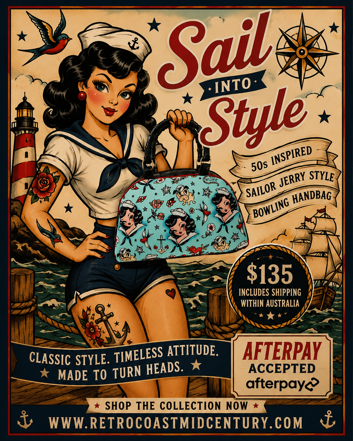Vintage Inspiration Retro Sailor Girl Bowling Style Handbag (Licensed Linen Canvas Miss. Fluff) Includes Shipping Within Australia