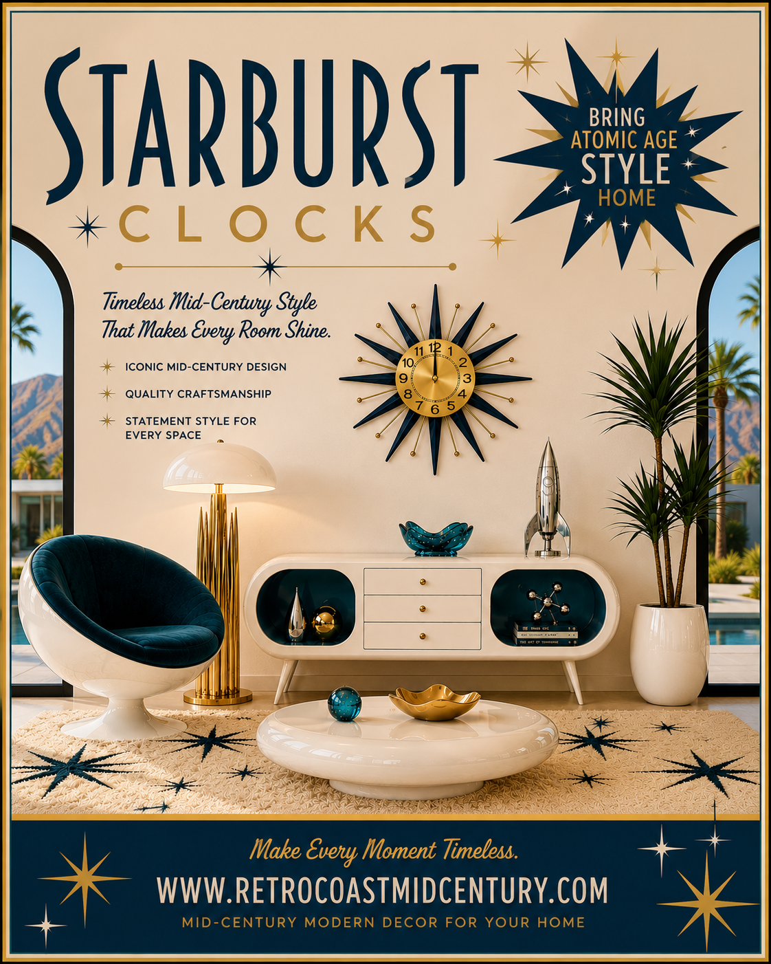 Starburst Clock. Gold With Navy Blue Rays. Price Includes Safe Shipping Within Australia