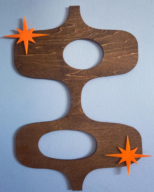 Retro Coast Midcentury - Laser Cut Abstract Shape with Orange Acrylic Starbursts.