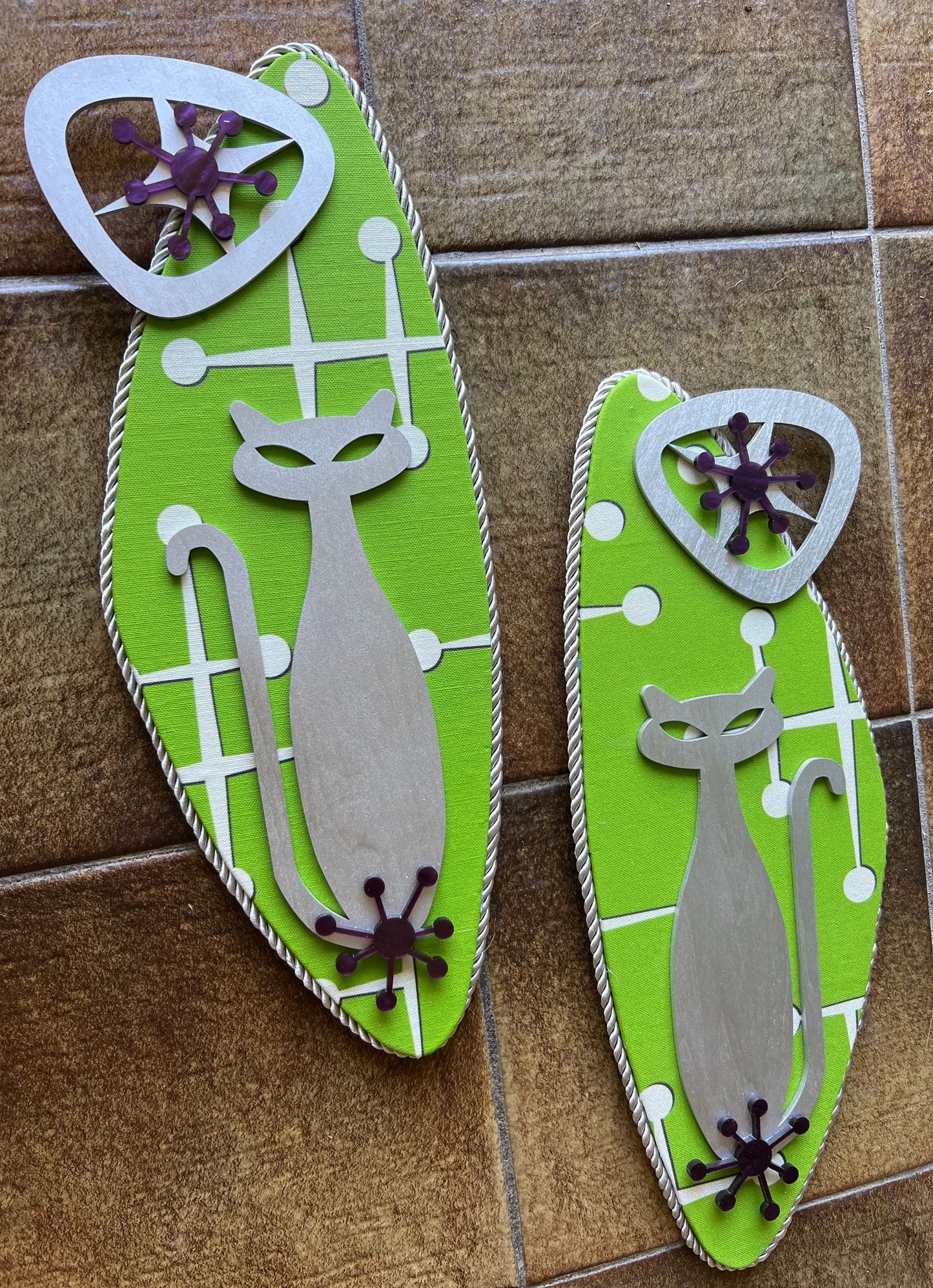 Pair Of Atomic Age Cat Wall Hangings. Meticulously Hand Crafted. FREE post within Australia.