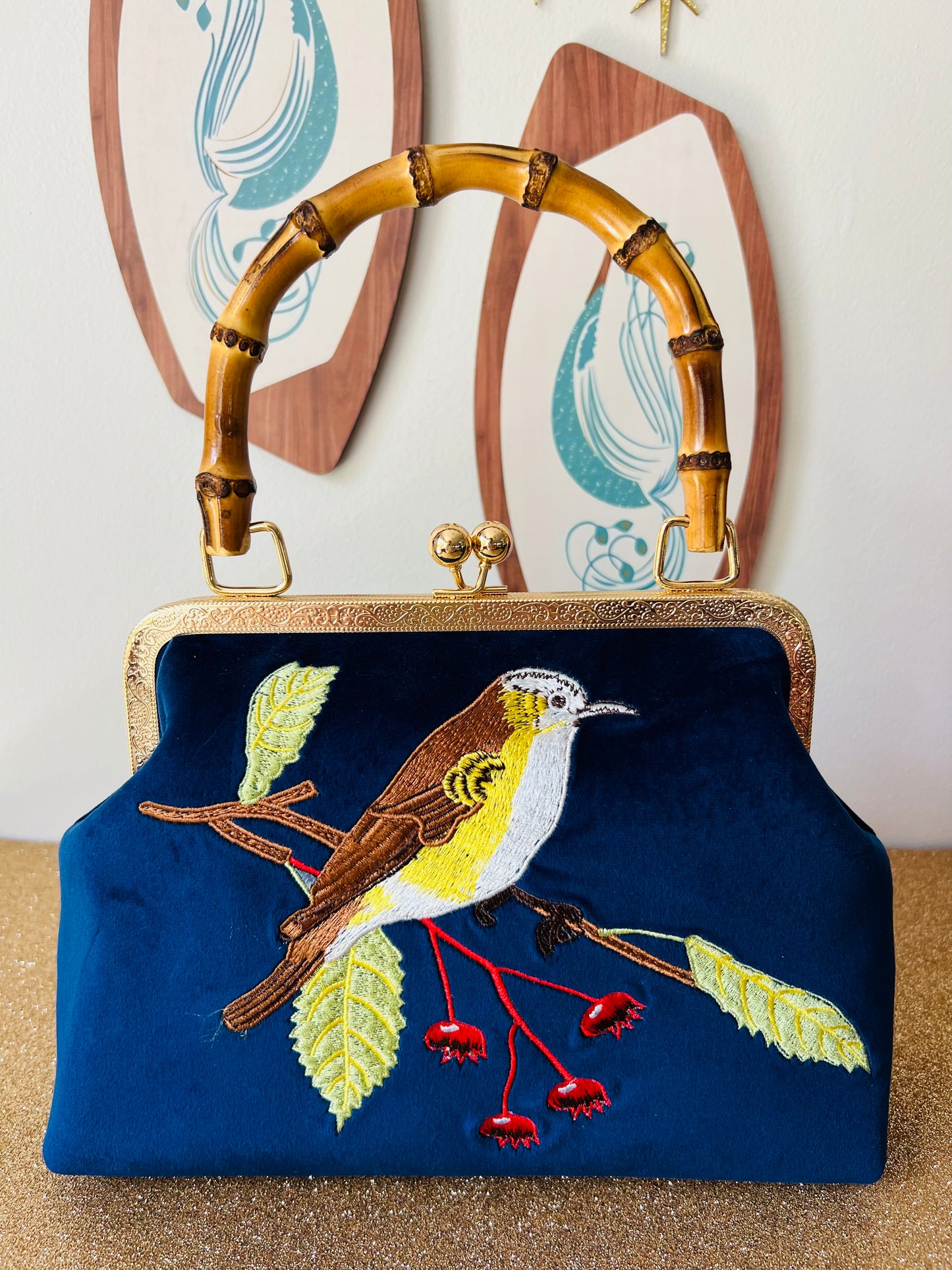 Tiki Inspired Velvet, Embroidered Bird Hand Bag With Bamboo Handle. Includes Shipping Within Australia.