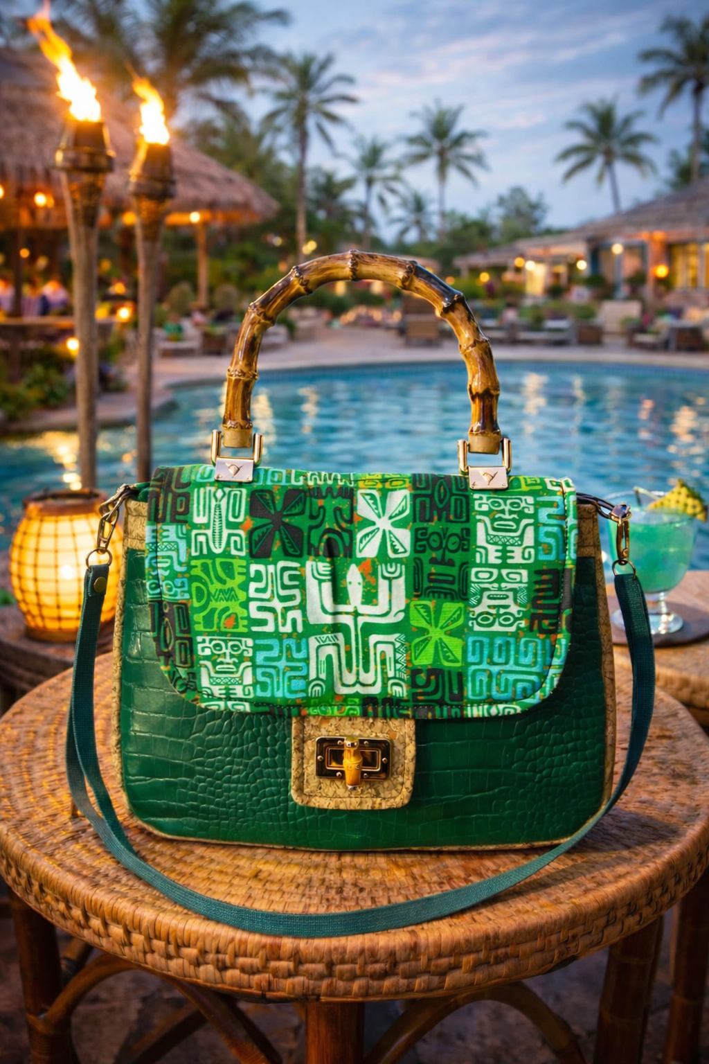 Tiki Pinup Girl Handbag With Shoulder Strap. Meticulously Hand Cut & Sewn On The Sunshine Coast. Free Shipping Within Australia.