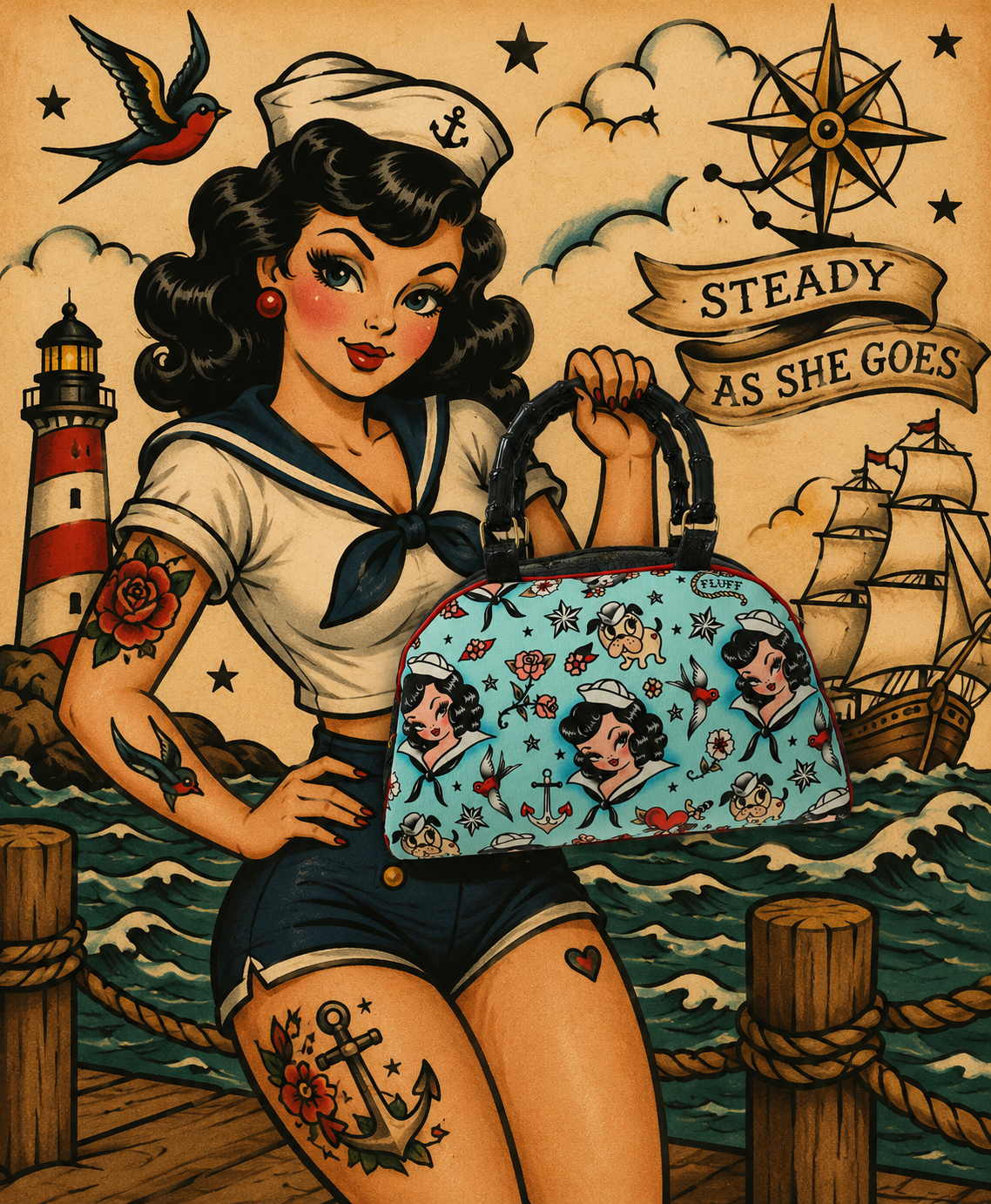Vintage Inspiration Retro Sailor Girl Bowling Style Handbag (Licensed Linen Canvas Miss. Fluff) Includes Shipping Within Australia