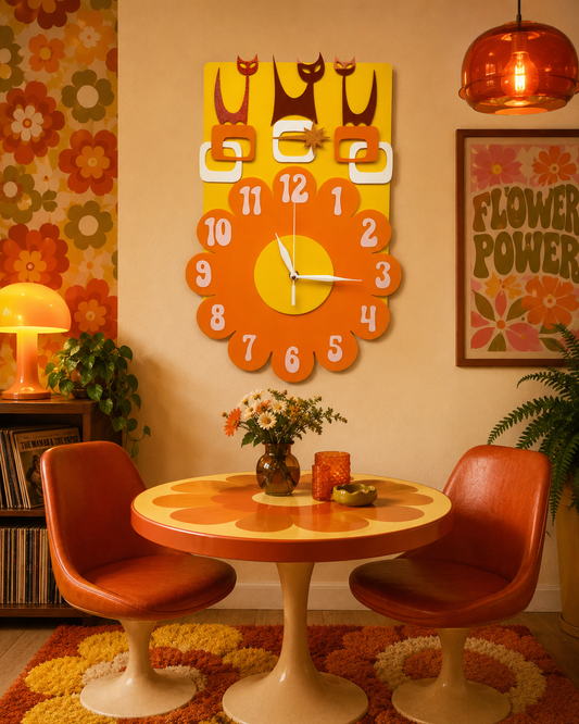 Flower Power Retro Cat Clock. Includes Shipping Within Australia