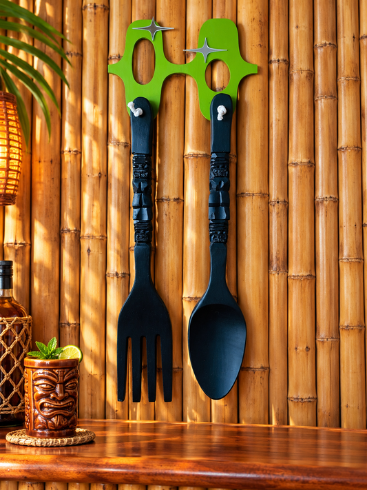 Restored Midcentury Vintage Tiki Monkey Pod Large Kitchen Fork & Spoon. FREE Shipping Within Australia.
