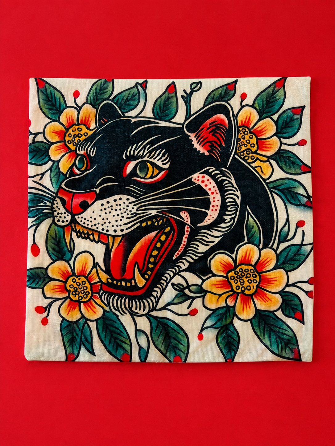 Traditional Tattoo Flash Panther Cushion. Includes Shipping Within Australia.