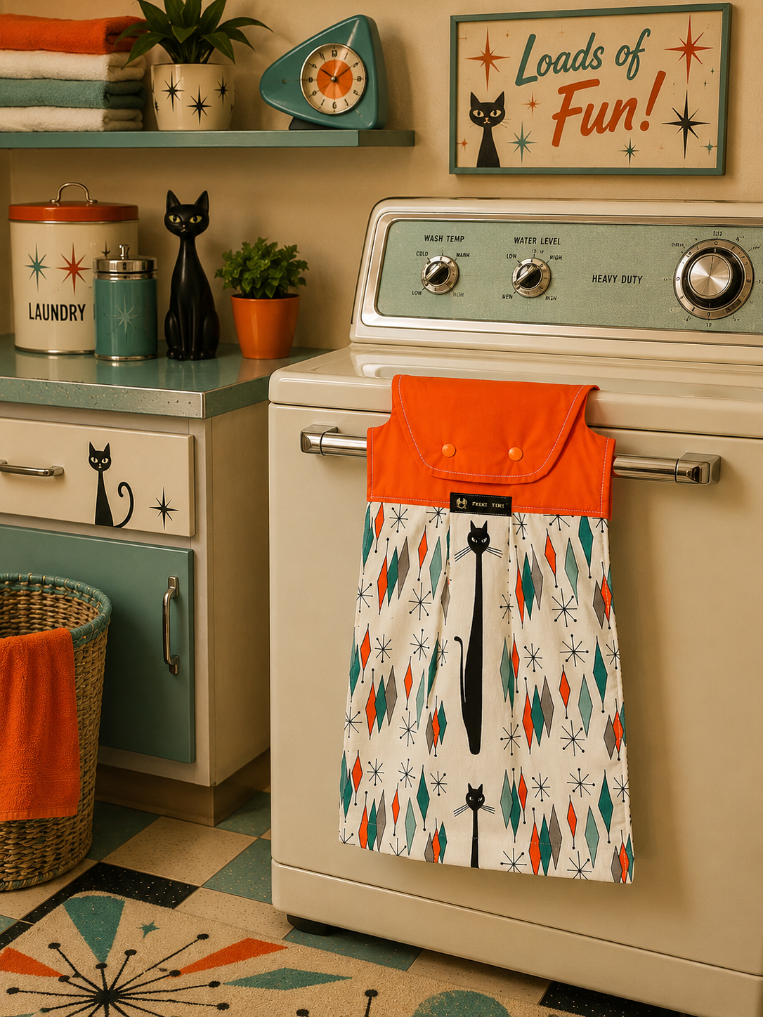 Retro Coast Atomic Age Hand Towel With Black Cat. Free Shipping Within Australia.