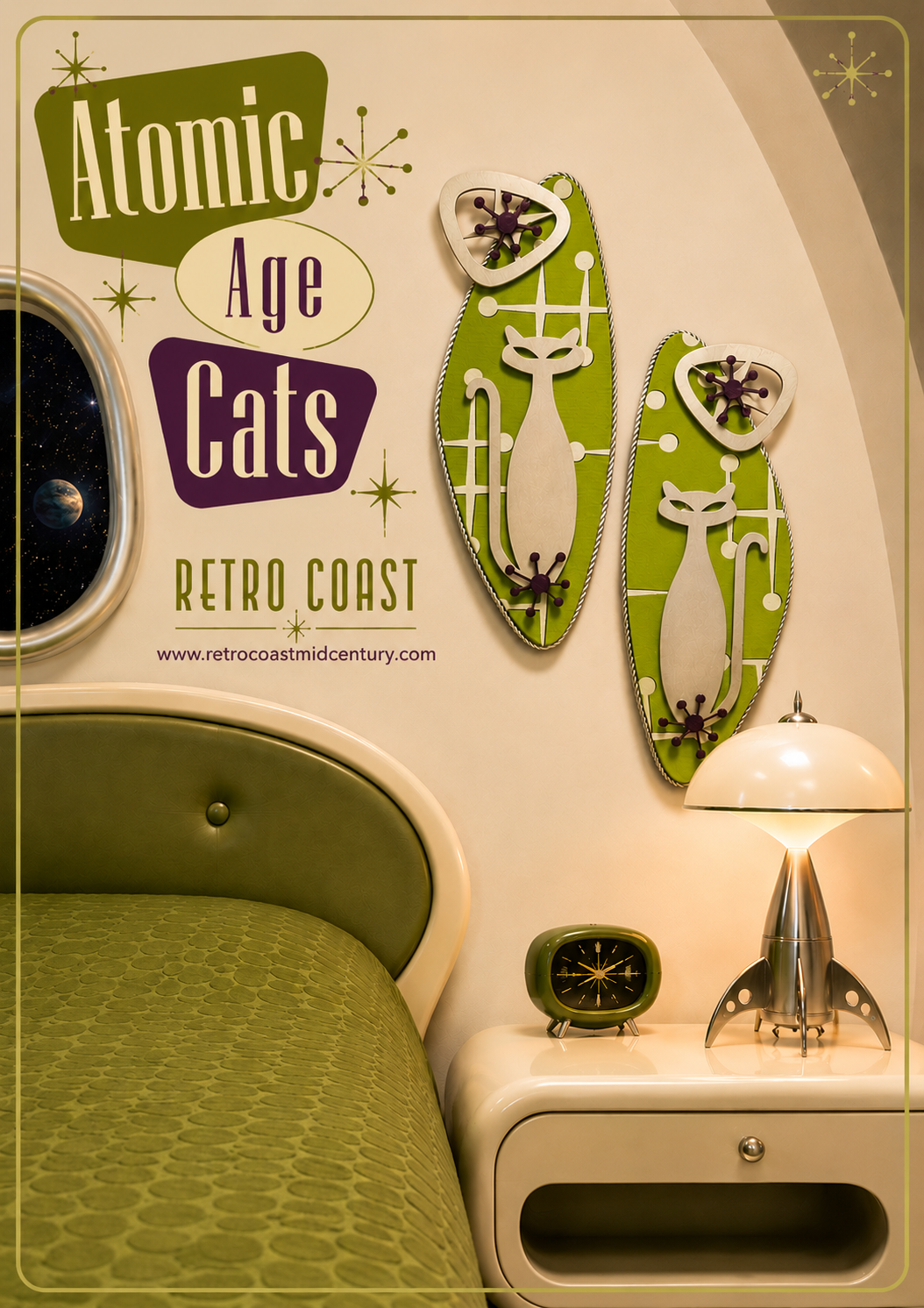 Pair Of Atomic Age Cat Wall Hangings. Meticulously Hand Crafted. FREE post within Australia.