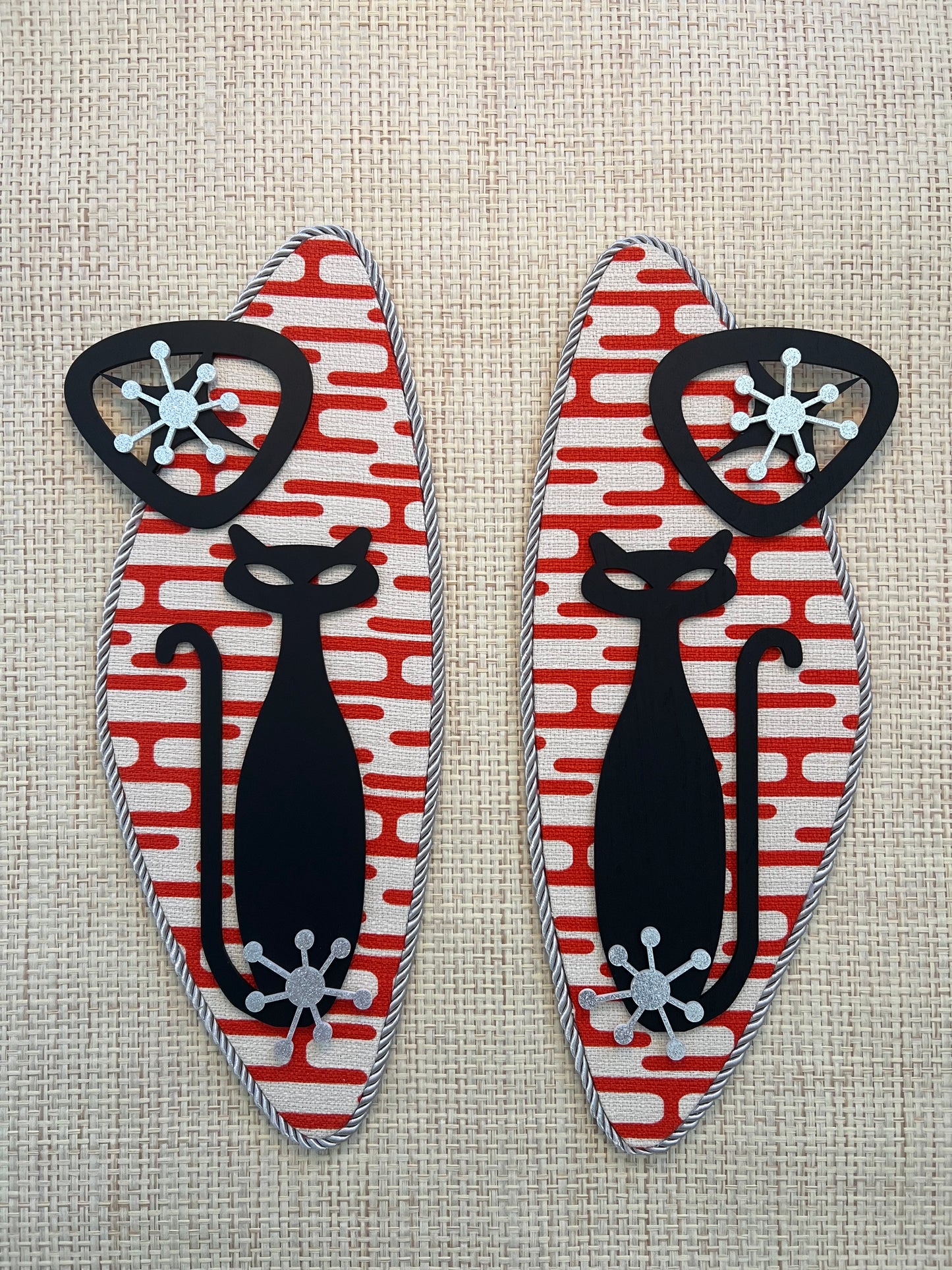 Pair Of Atomic Age Cat Wall Hangings. Meticulously Hand Crafted. FREE post within Australia.