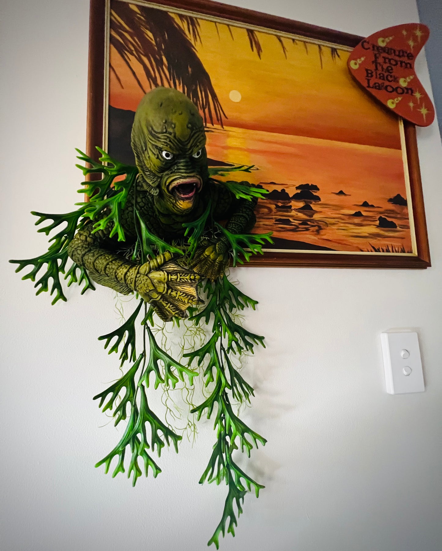 Creature Emerging From Large Vintage Sunset Oil Painting. FREE SHIPPING WITHIN AUSTRALIA.